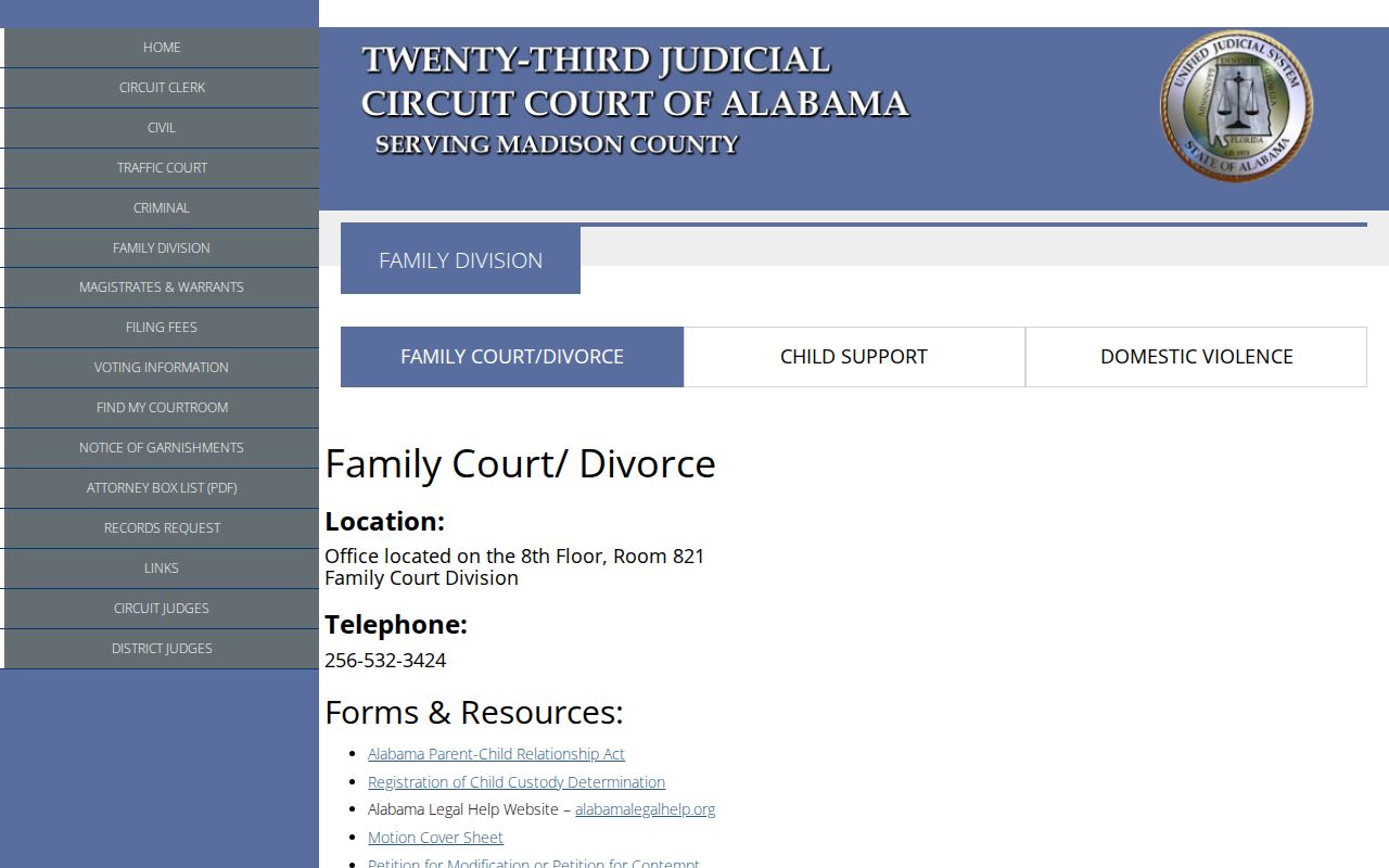 Madison County civil docket Family Division page