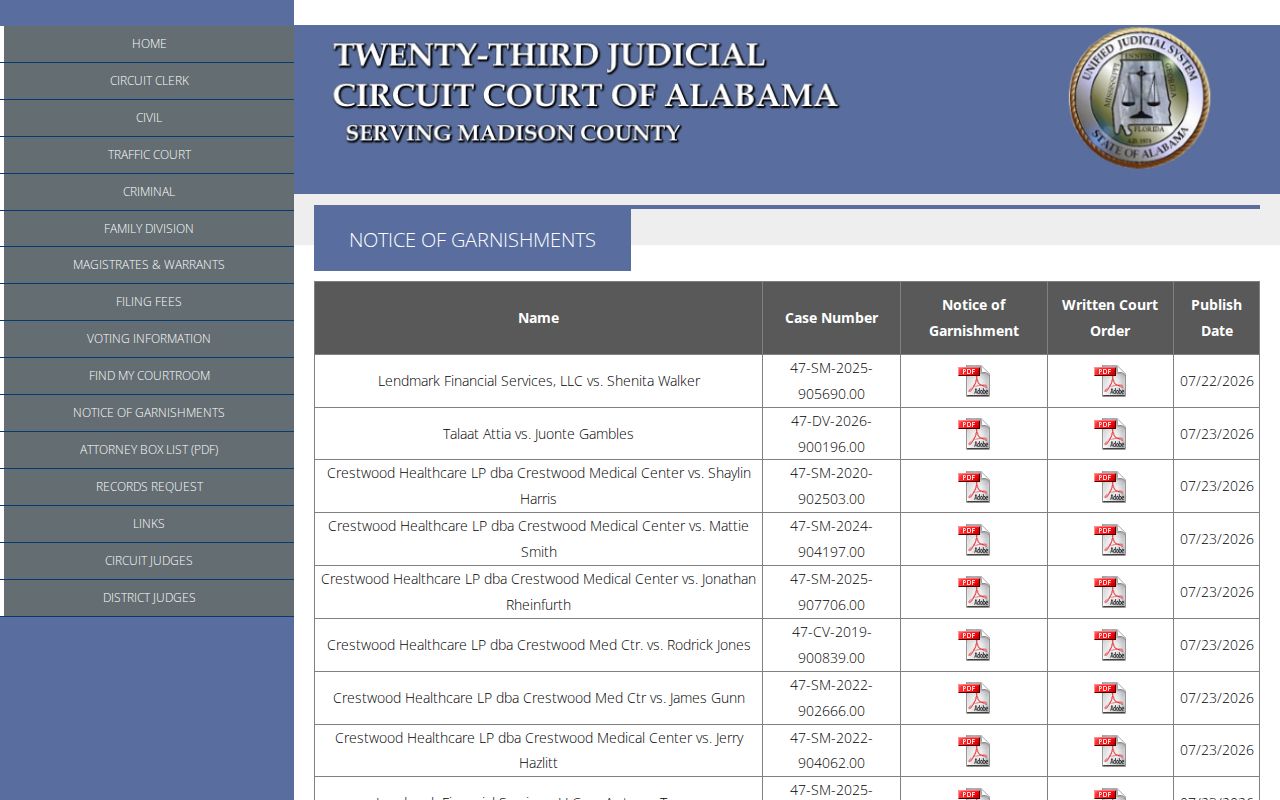 Madison County civil docket garnishment notice table