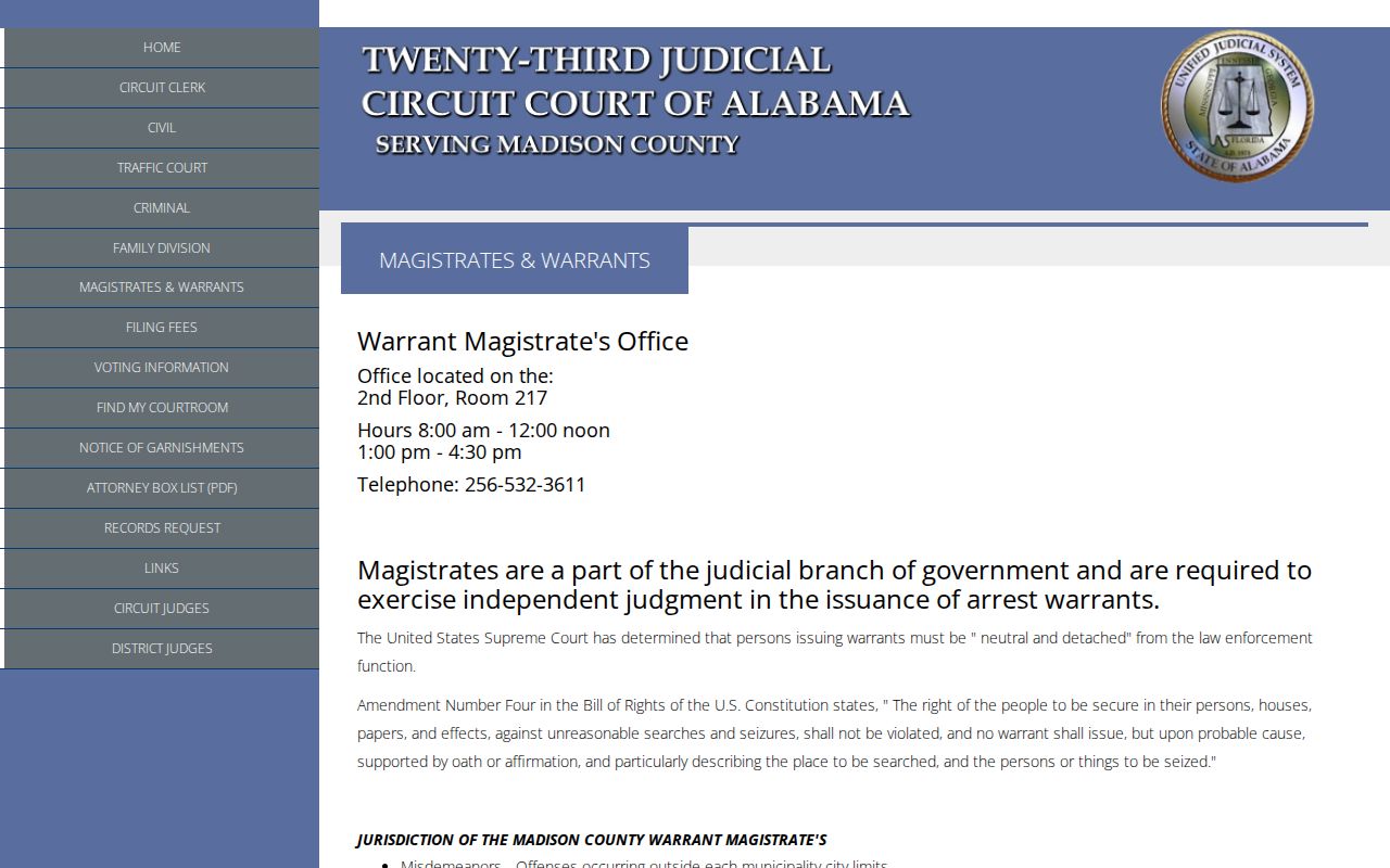 Madison County criminal docket warrant access page