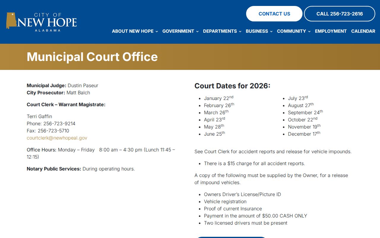 New Hope Municipal Court office and court docket services