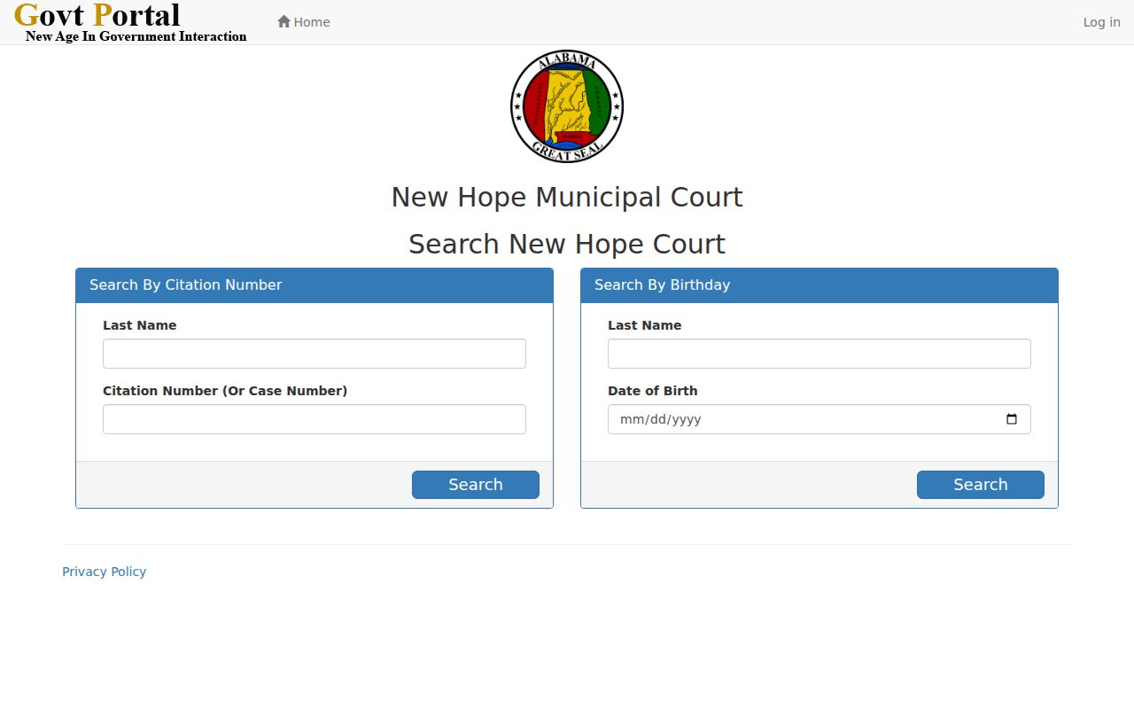 New Hope court docket citation and birthday search tabs